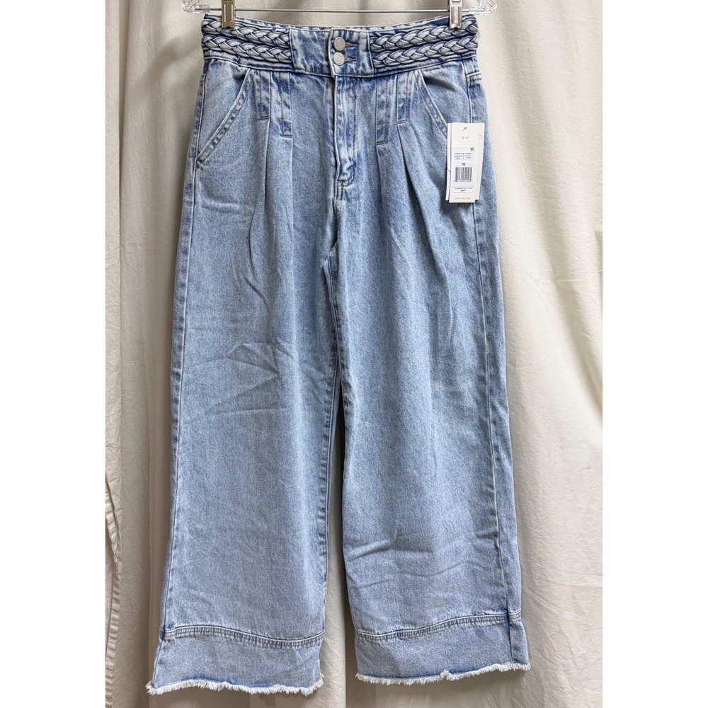 Habitual Girl Pleated Wide Leg Jeans Light Wash Braided Waist Raw Hem Size 16